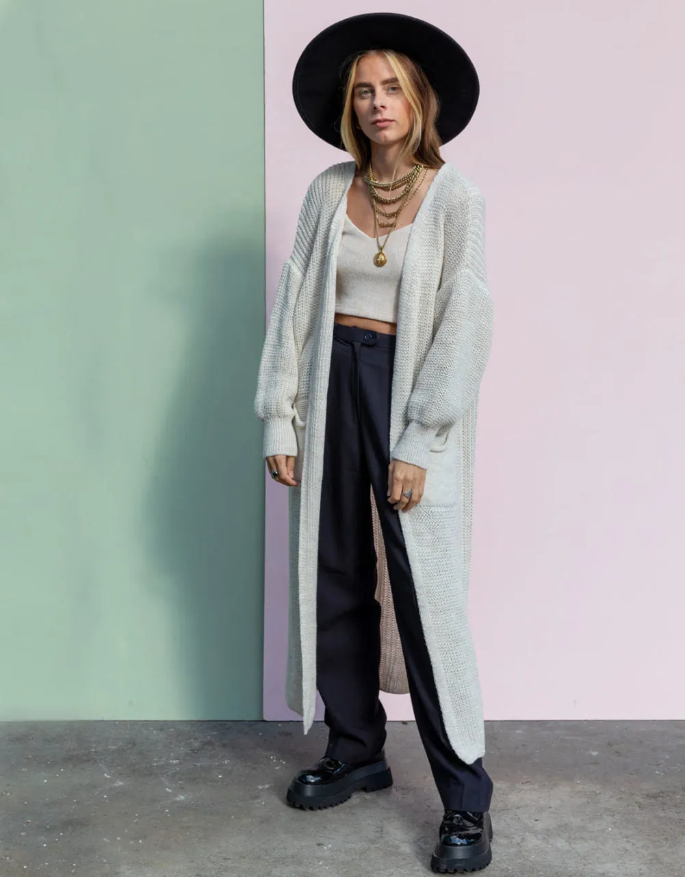 Basic puff sleeve maxi cardigan pocket