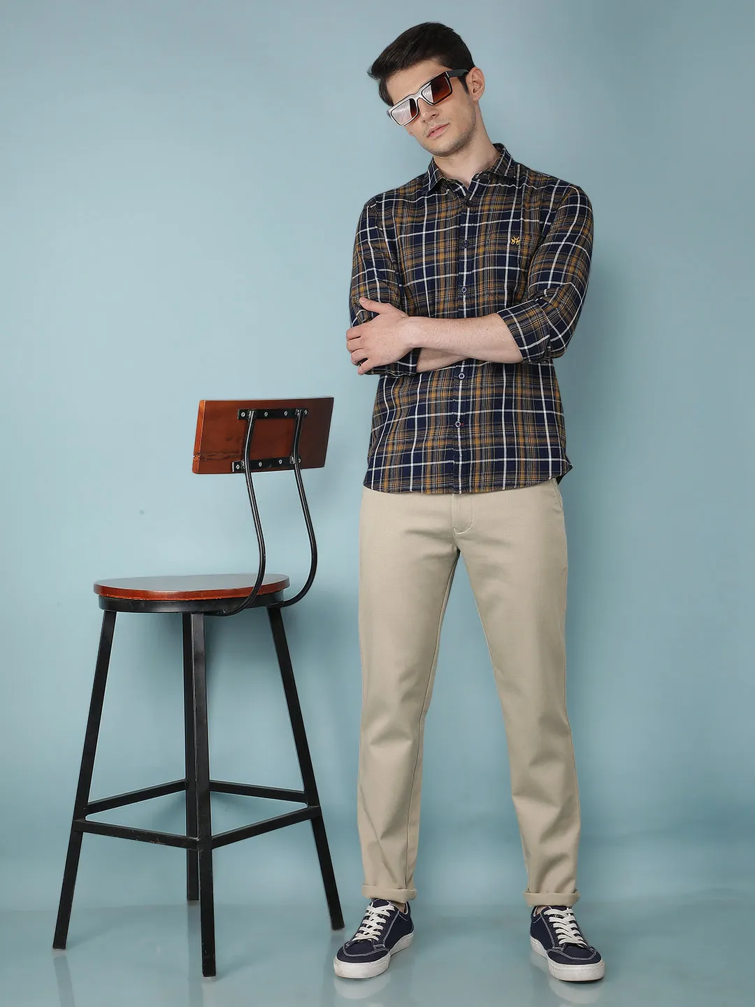 Beige Printed Chinos Trousers