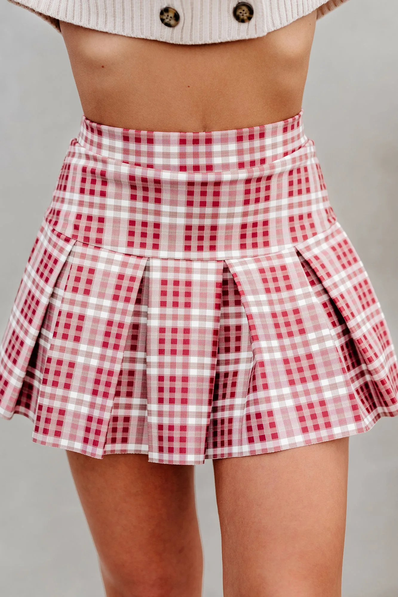Best I Ever Plaid Pleated Plaid Mini Skort (Burgundy)