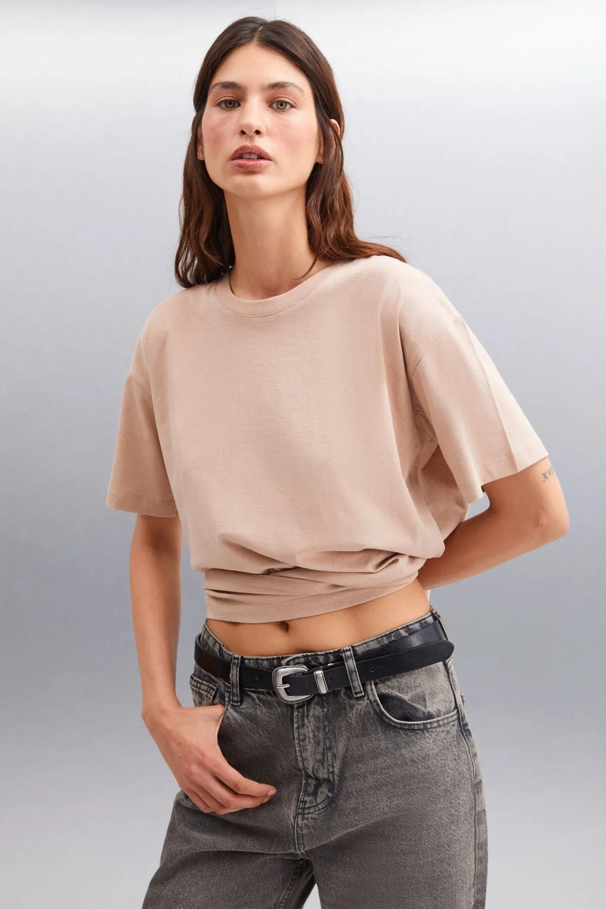 Betsy woman 100 %cotton bike collar short sleeve Basic mink t-shirt