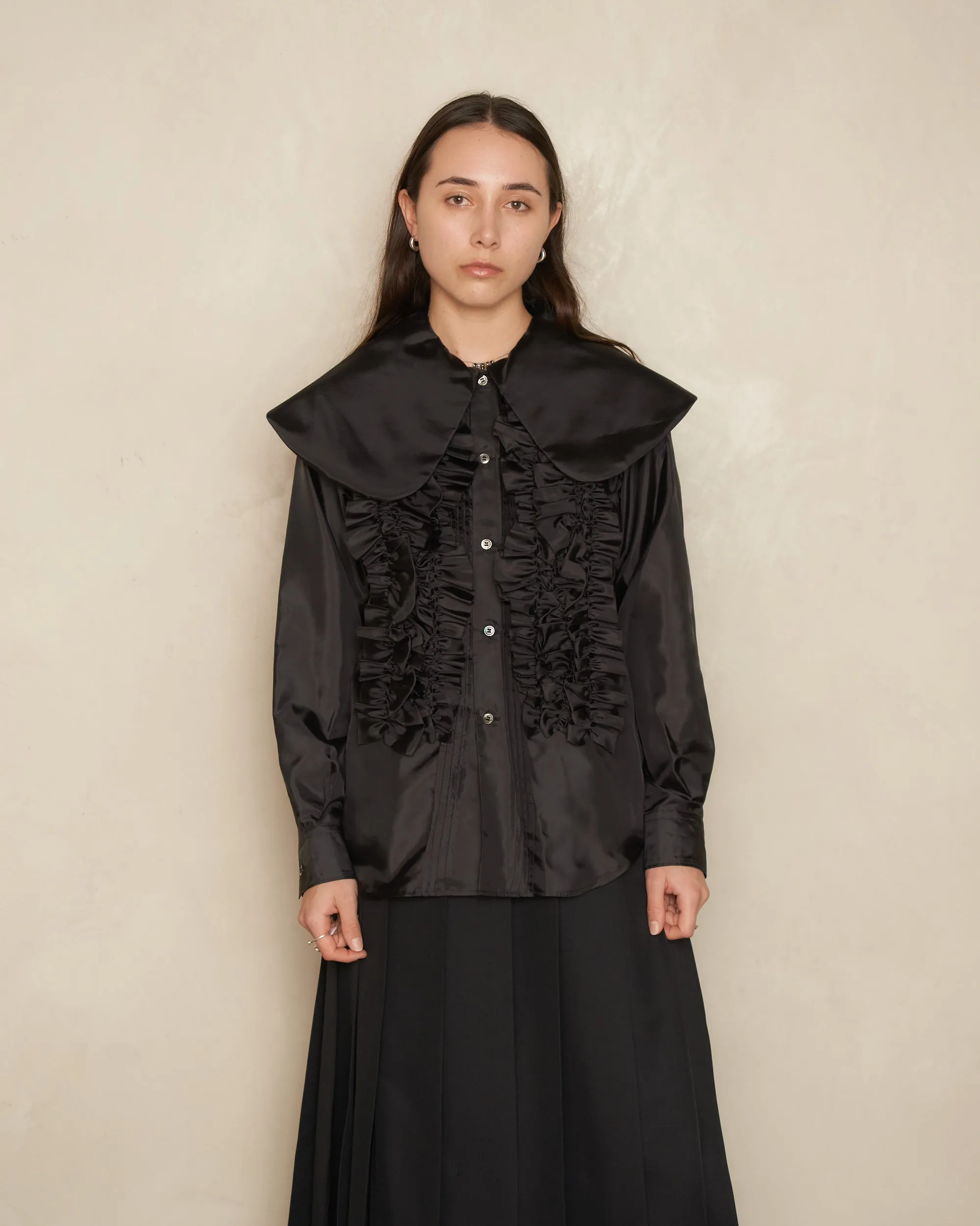 Black Satin Pan Collar Ruffled Blouse