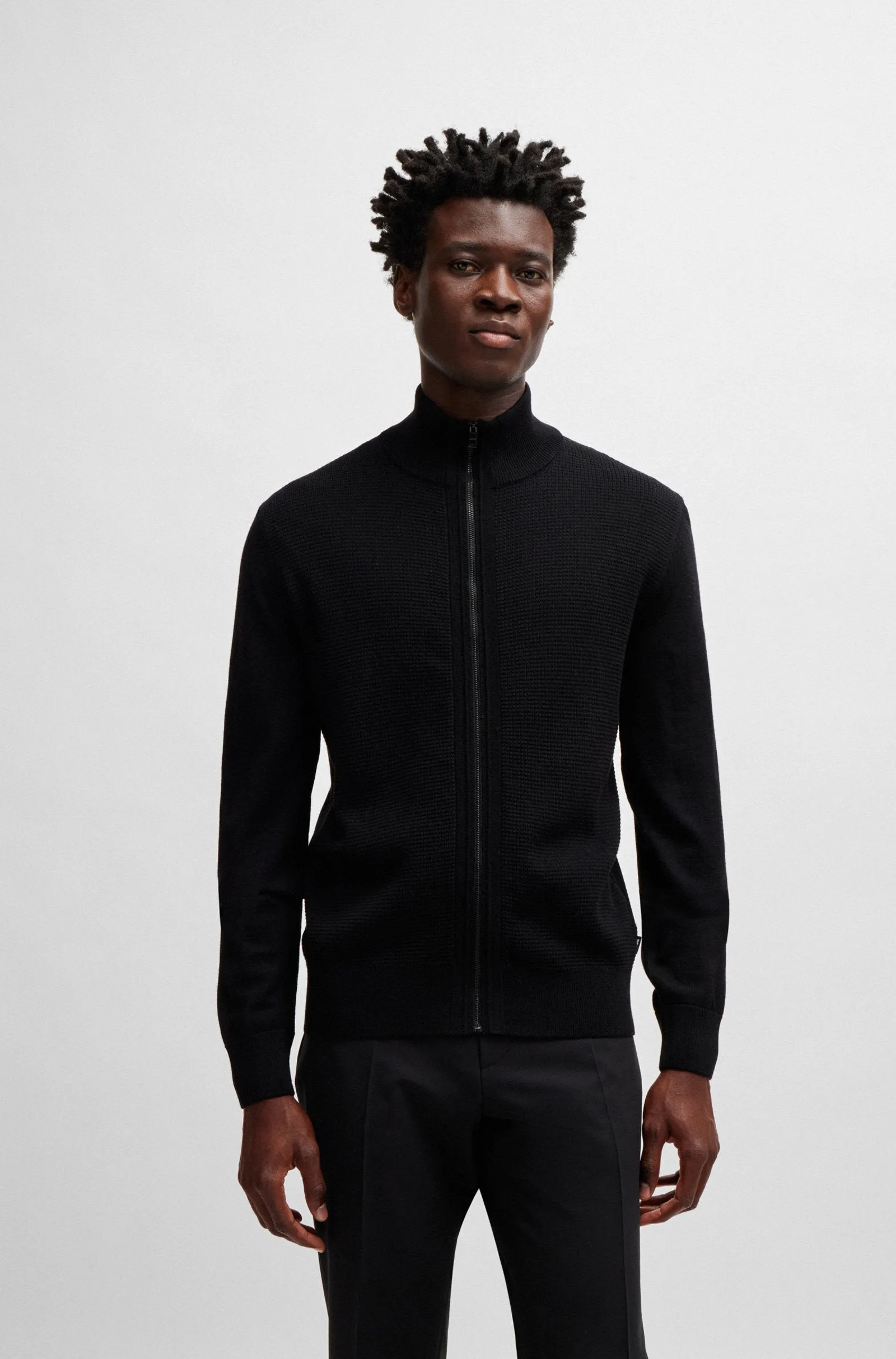 Boss Virgin Wool Zip-Up Cardigan with Mixed Structures - Black