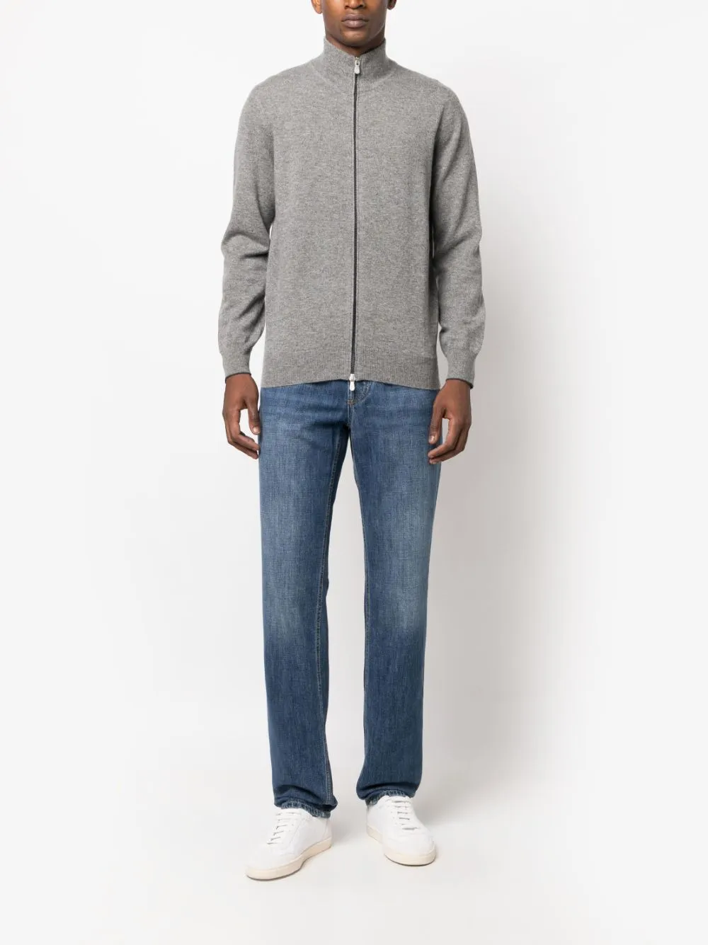 BRUNELLO CUCINELLI Luxury Cashmere Zip Cardigan in Medium Grey