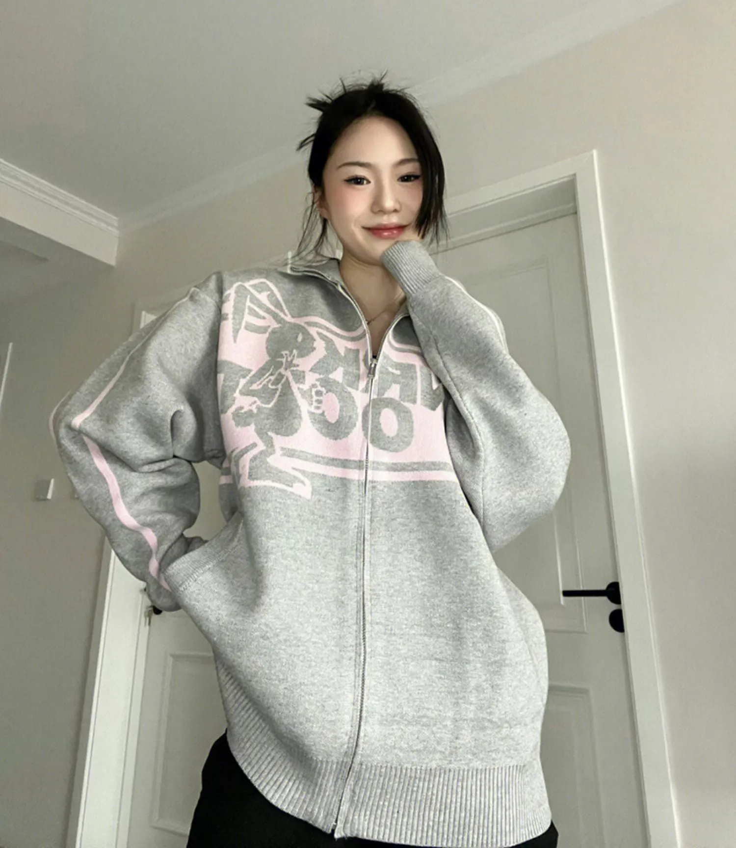 christmas outfit Sonicelife Rabbit Print Oversized Zip Up Cardigan