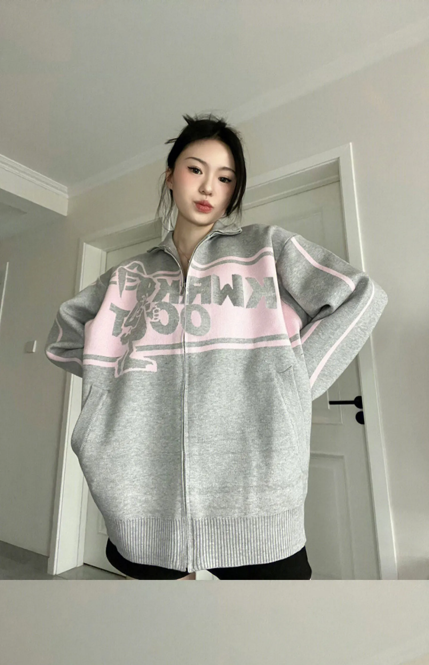 christmas outfit Sonicelife Rabbit Print Oversized Zip Up Cardigan