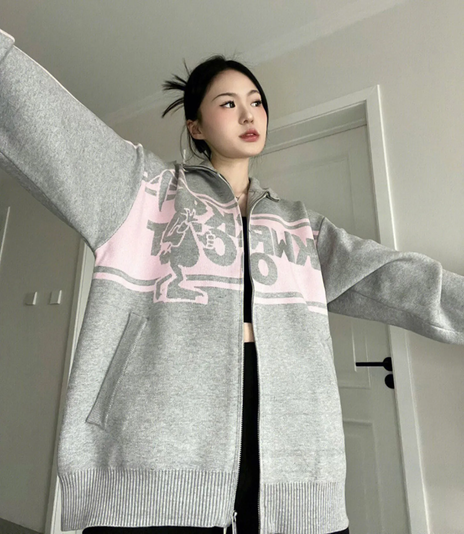 christmas outfit Sonicelife Rabbit Print Oversized Zip Up Cardigan