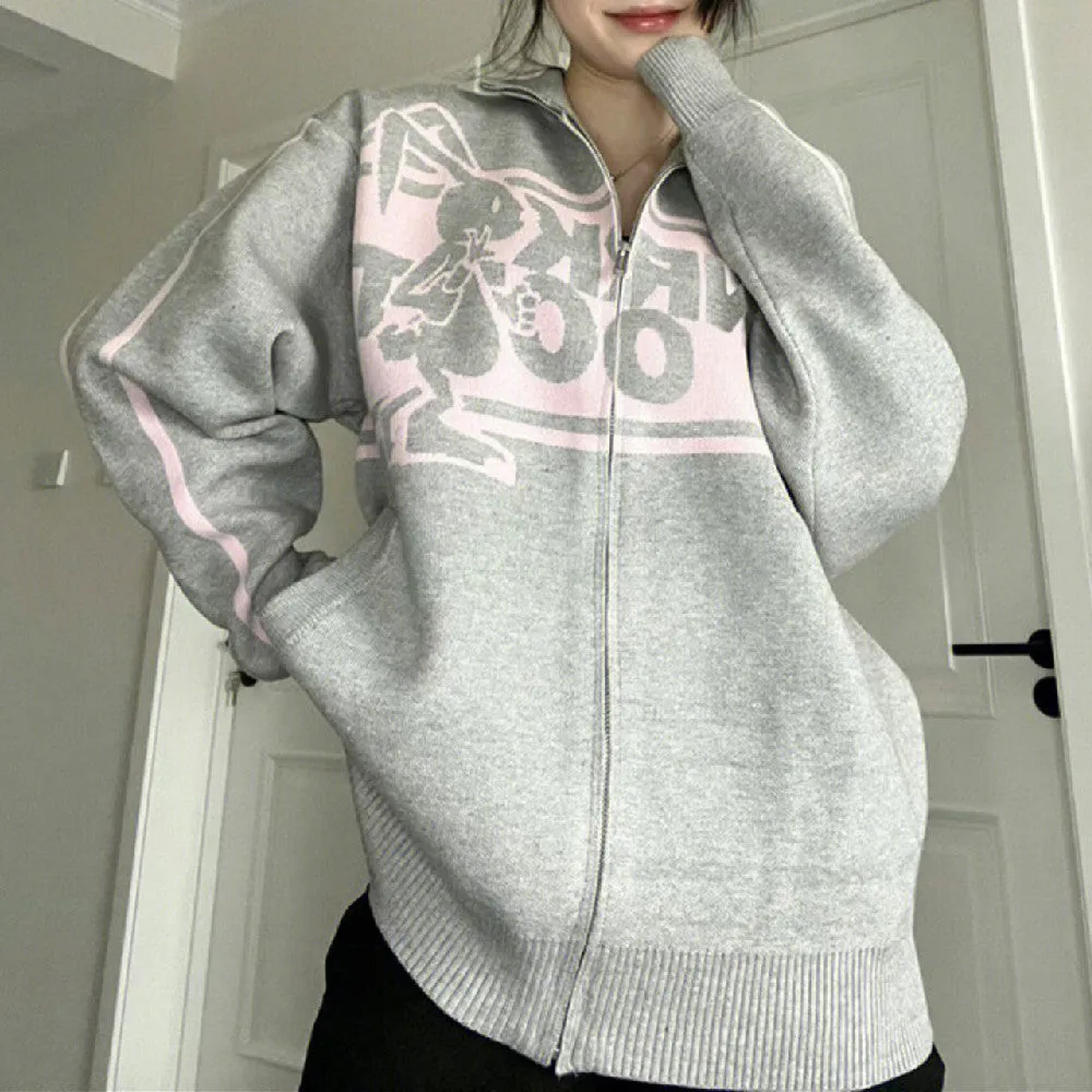 christmas outfit Sonicelife Rabbit Print Oversized Zip Up Cardigan