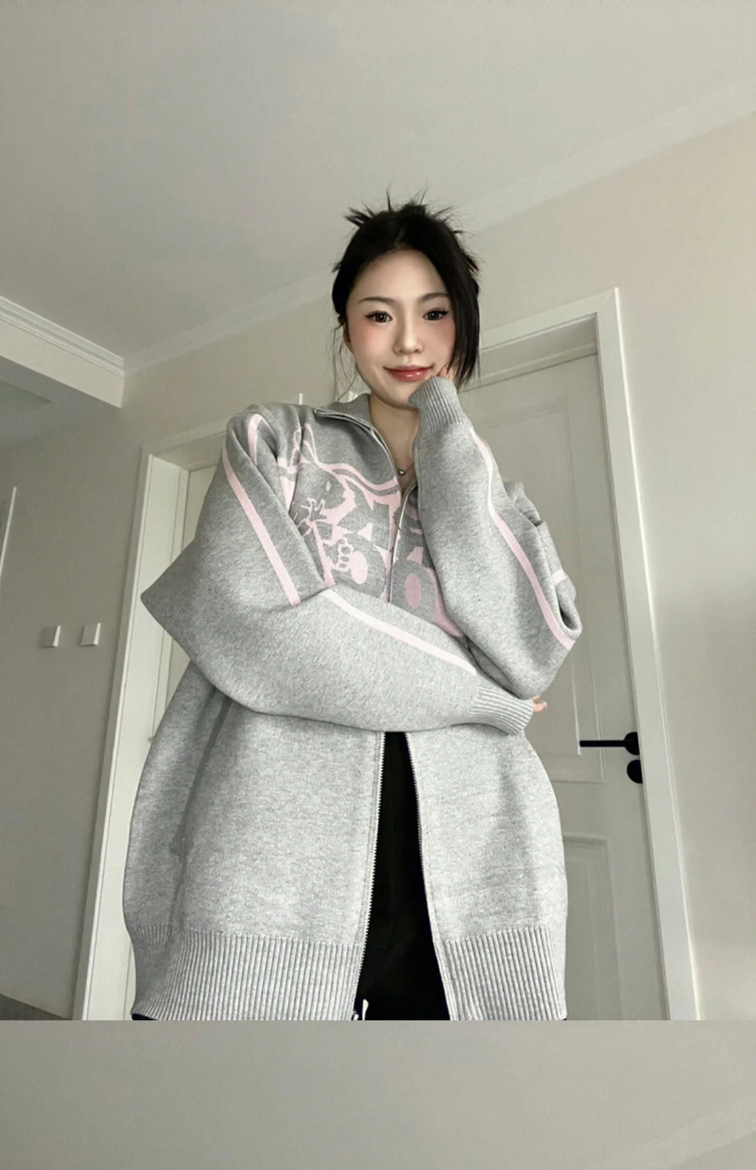 christmas outfit Sonicelife Rabbit Print Oversized Zip Up Cardigan