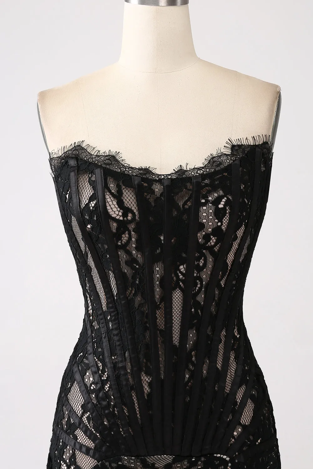 Classy Red Lace Strapless Corset Short Cocktail Dress with Lace-up Back