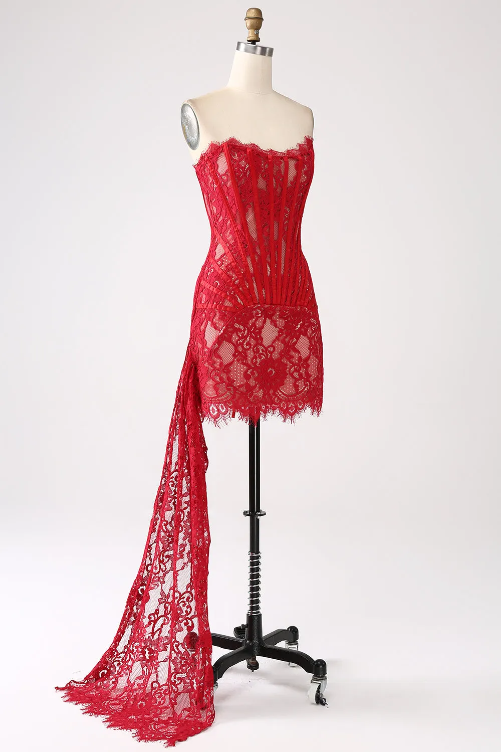 Classy Red Lace Strapless Corset Short Cocktail Dress with Lace-up Back