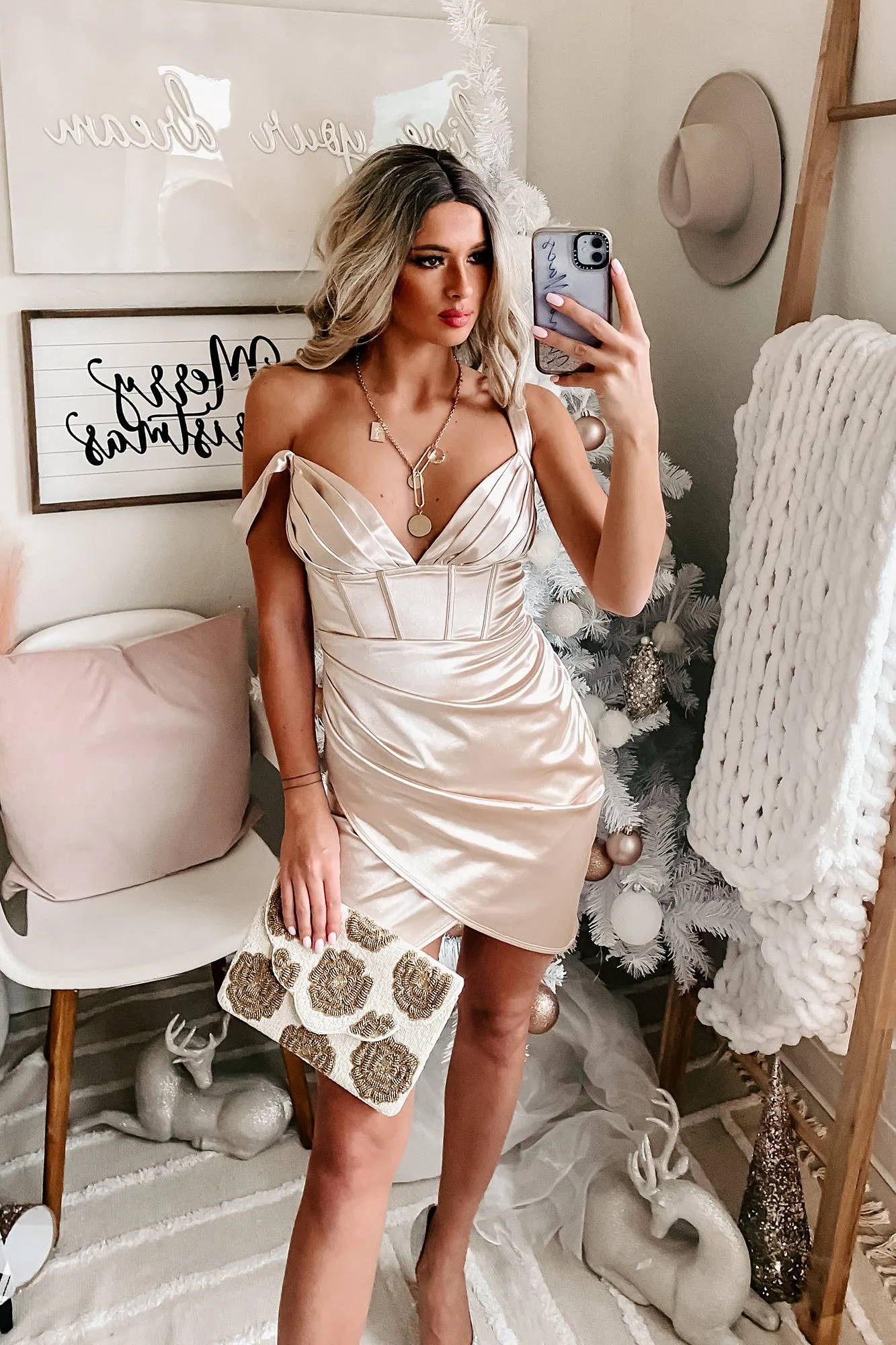 Commanding Presence Satin Bodycon Dress (Champagne)
