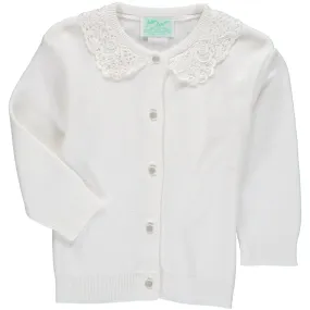 Cotton Cashmere Girl Cardigan White with Lace Collar