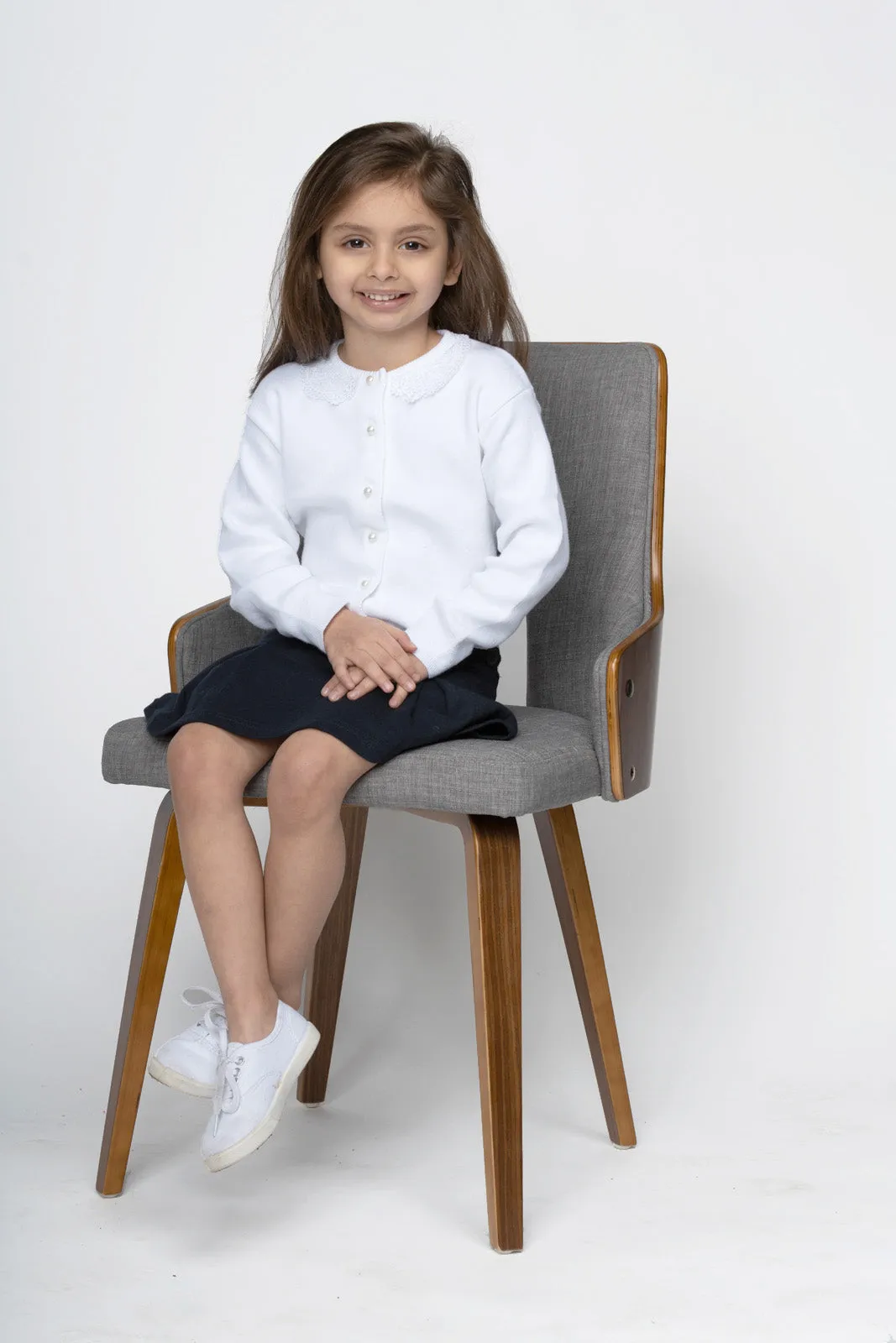 Cotton Cashmere Girl Cardigan White with Lace Collar