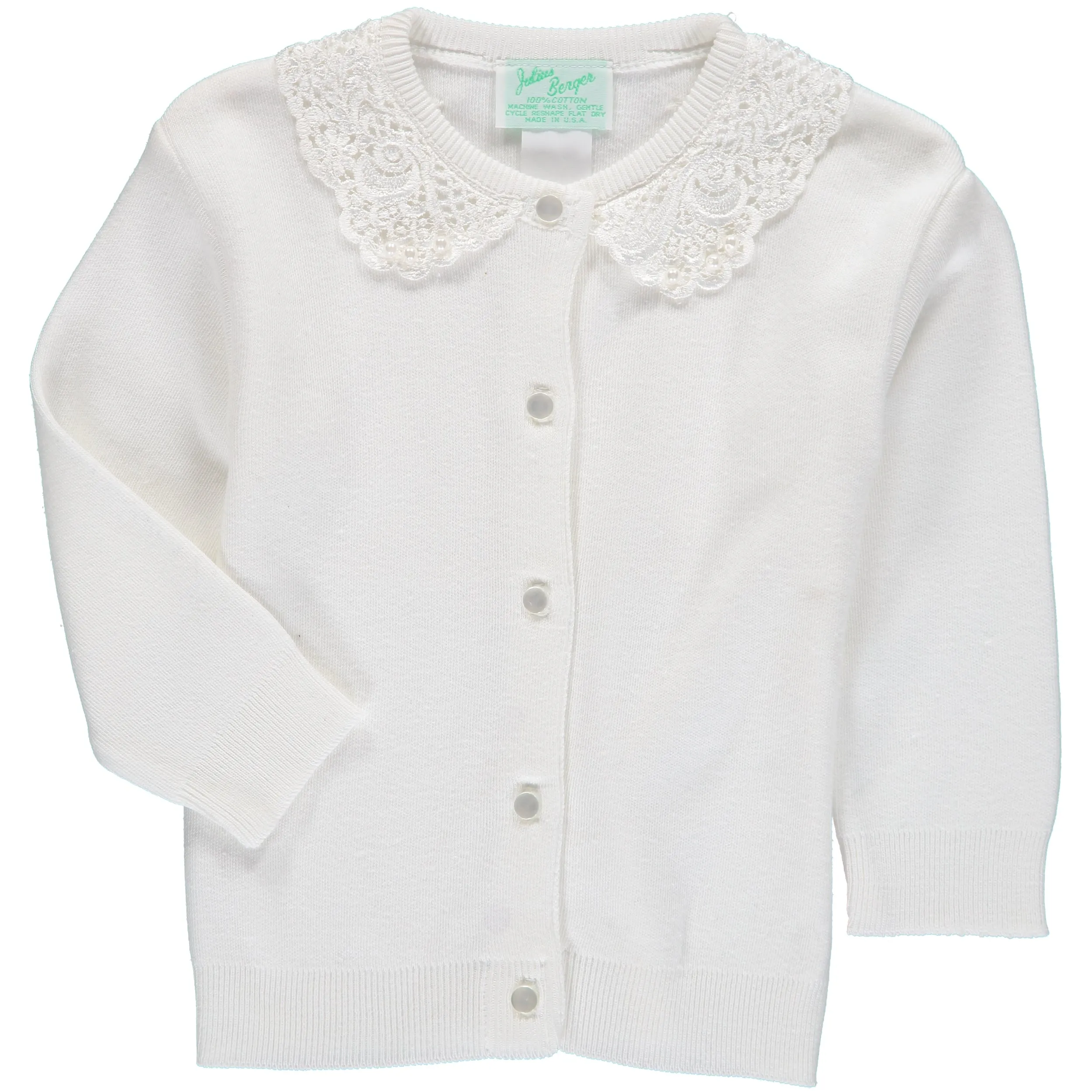 Cotton Cashmere Girl Cardigan White with Lace Collar