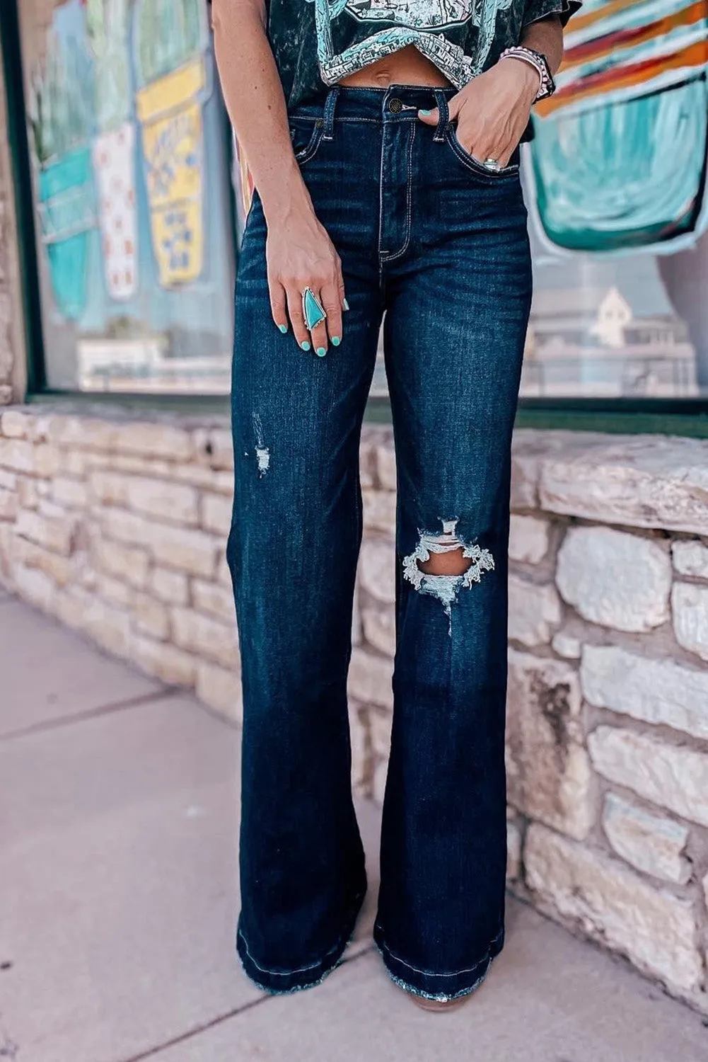 Dark Wash Distressed Knee Flare Jeans