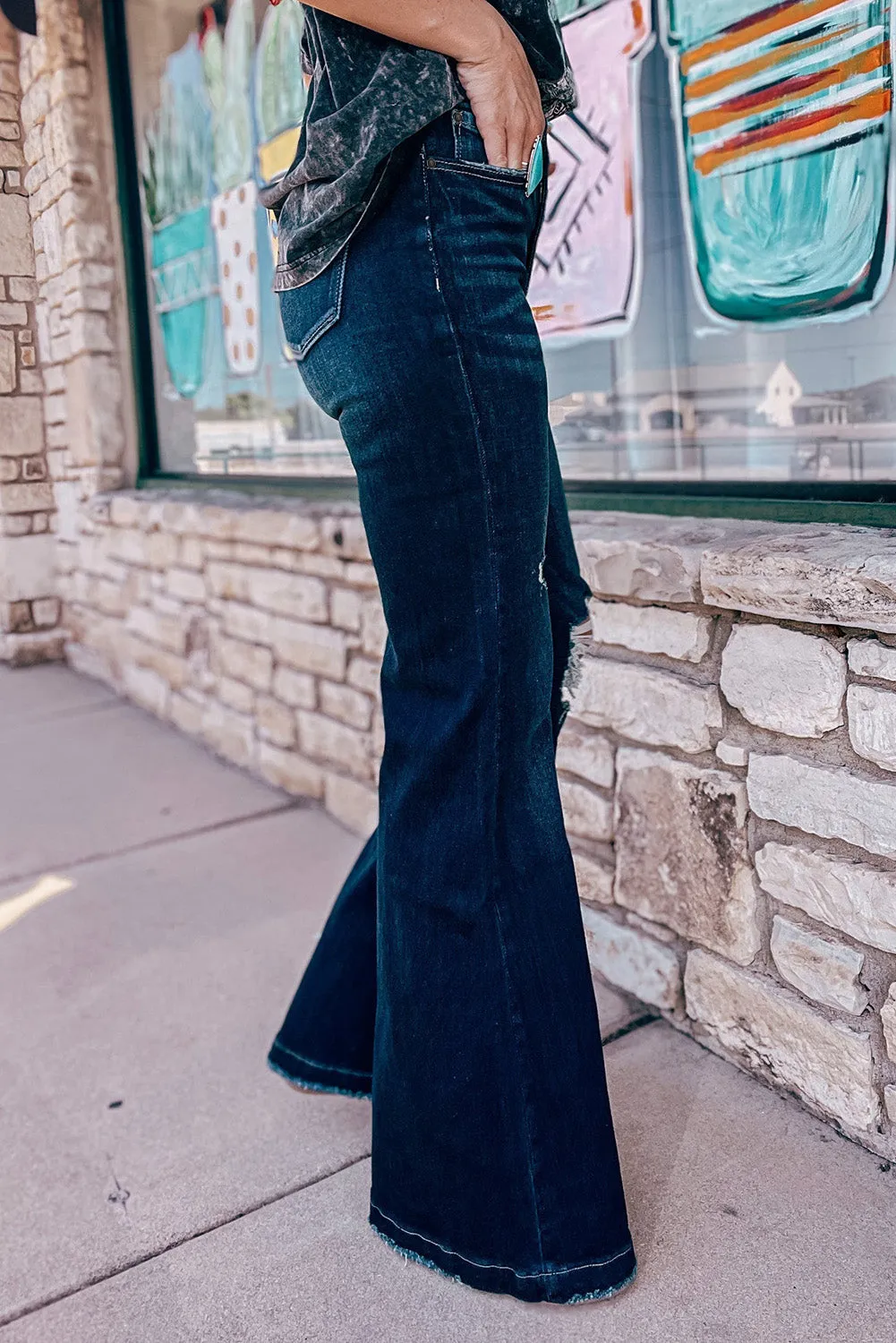 Dark Wash Distressed Knee Flare Jeans
