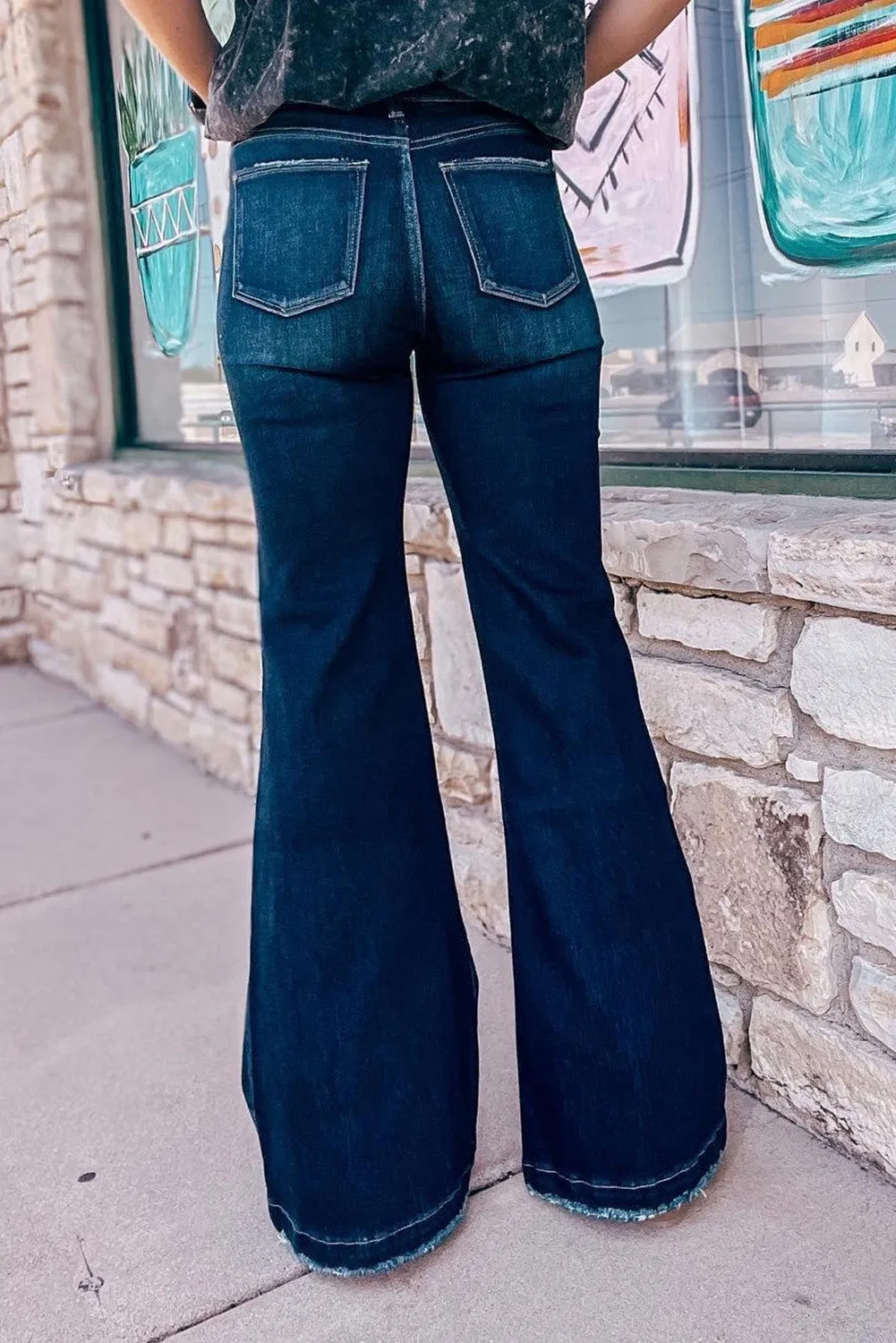 Dark Wash Distressed Knee Flare Jeans