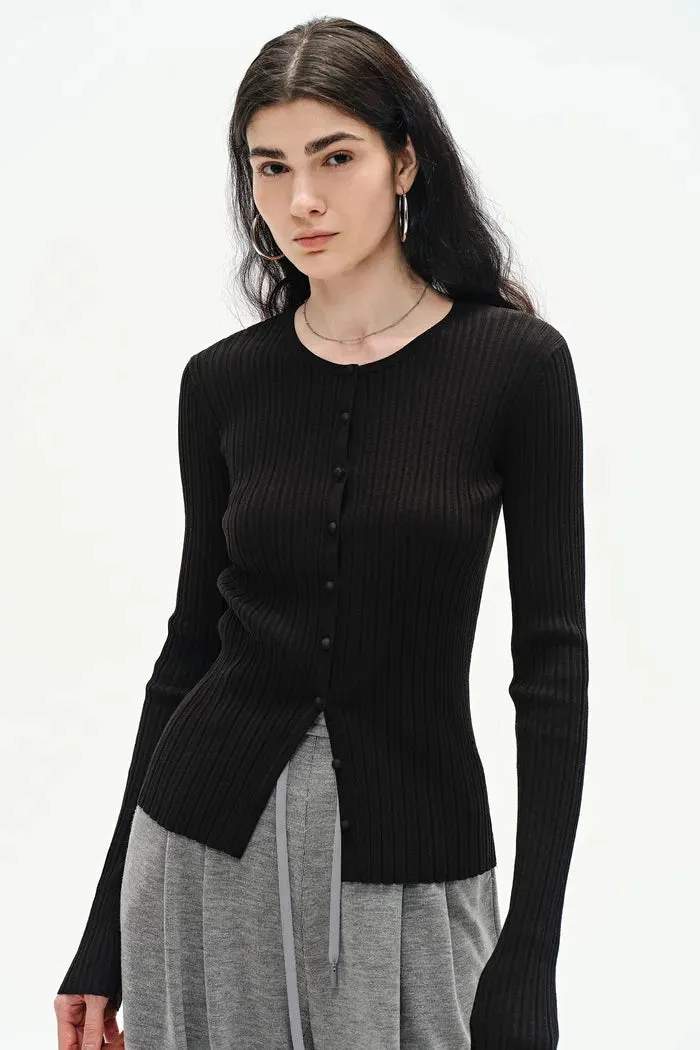Emma Black Fitted Cardigan in Cotton Blend Yarn Knit