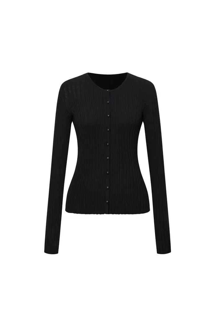 Emma Black Fitted Cardigan in Cotton Blend Yarn Knit