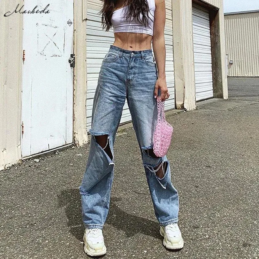 Fashion Loose Washed Straight Ripped High Waist Pants