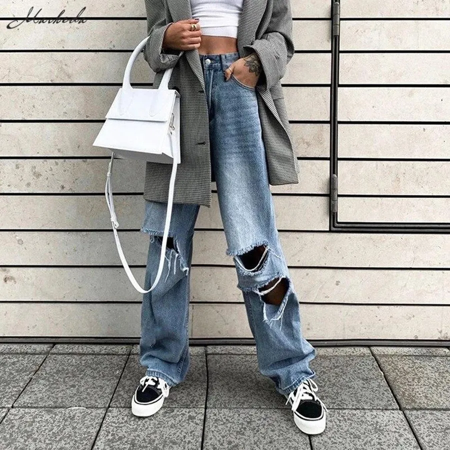 Fashion Loose Washed Straight Ripped High Waist Pants