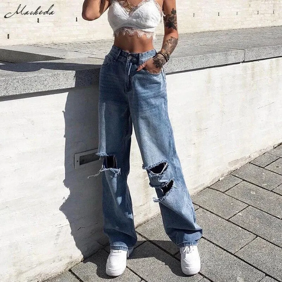 Fashion Loose Washed Straight Ripped High Waist Pants