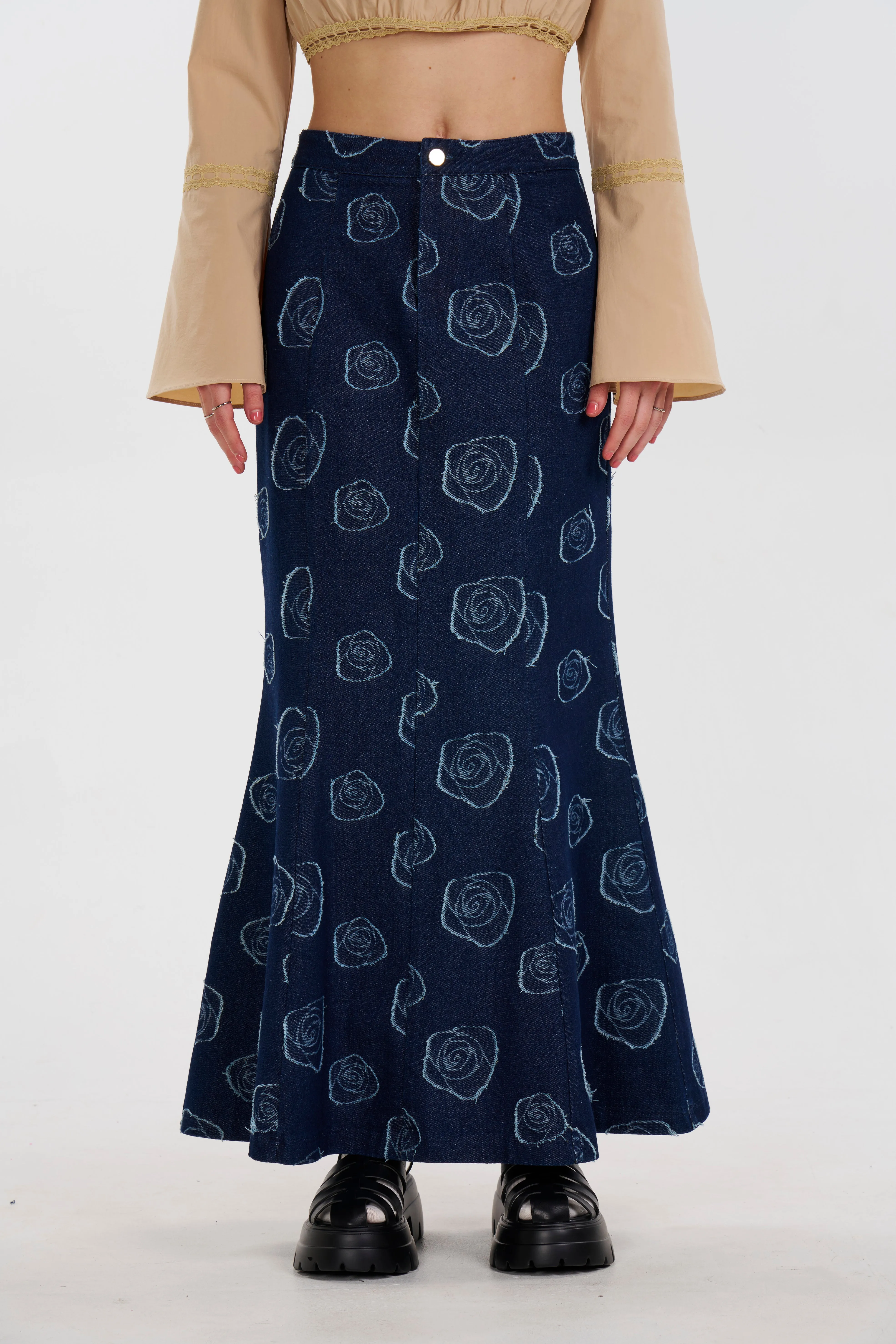 Floral Distress Midi Skirt