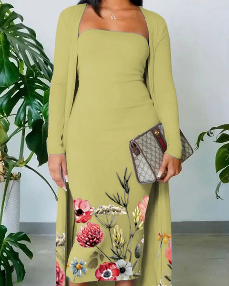 Floral Print Skinny Tube Dress With Longline Cardigan Set