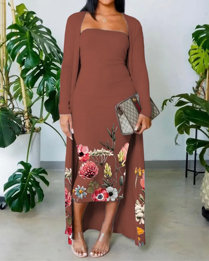 Floral Print Skinny Tube Dress With Longline Cardigan Set