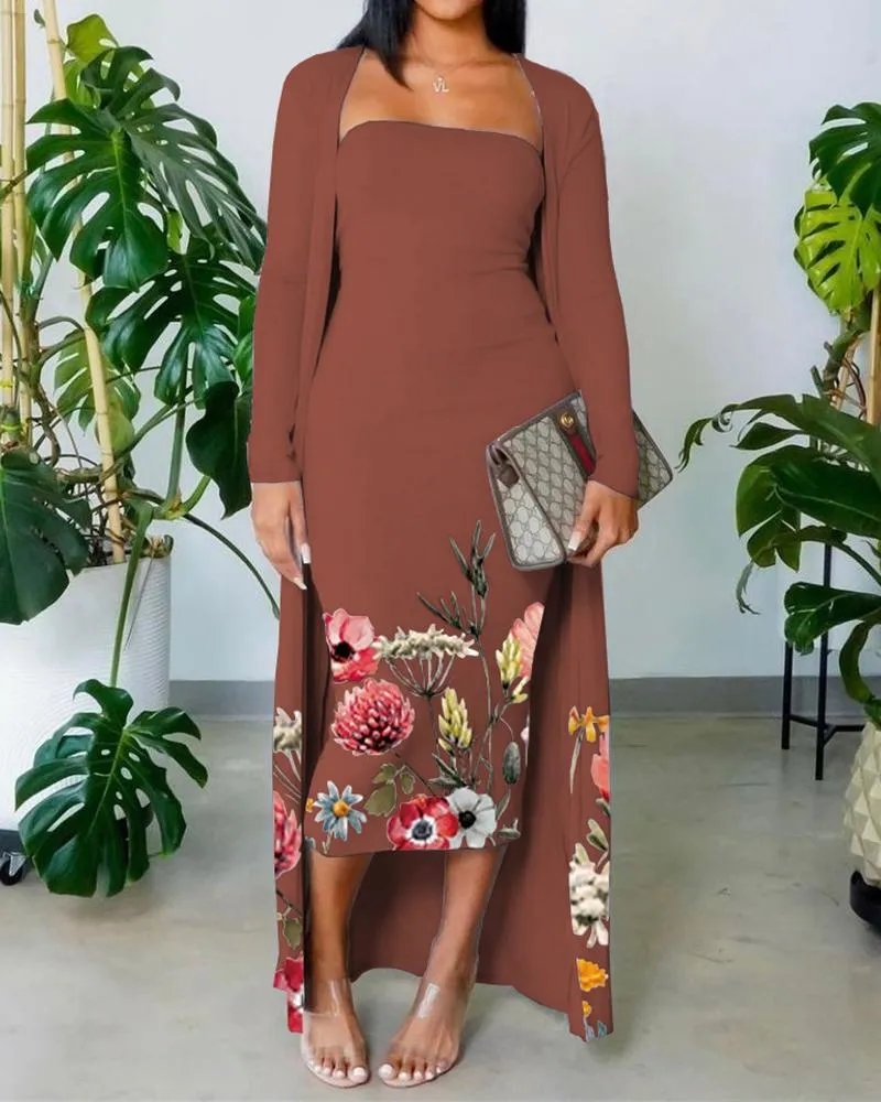 Floral Print Skinny Tube Dress With Longline Cardigan Set