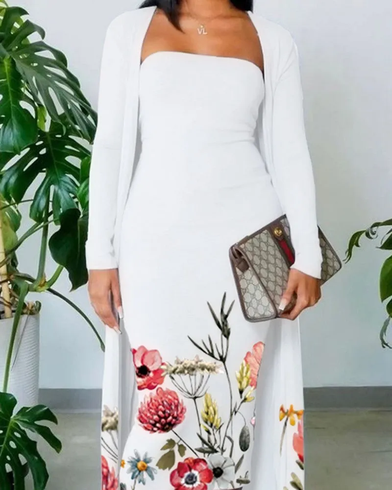 Floral Print Skinny Tube Dress With Longline Cardigan Set