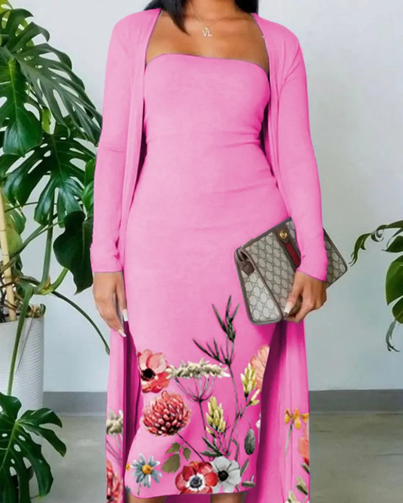 Floral Print Skinny Tube Dress With Longline Cardigan Set