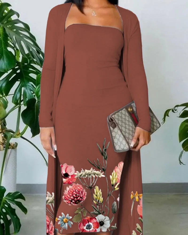 Floral Print Skinny Tube Dress With Longline Cardigan Set