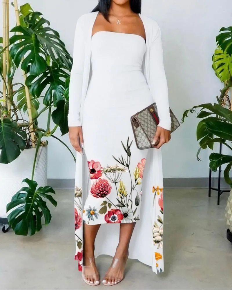 Floral Print Skinny Tube Dress With Longline Cardigan Set
