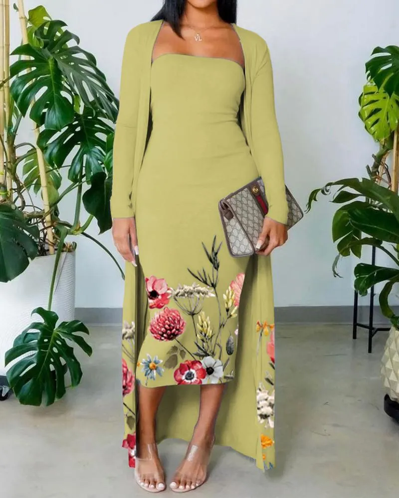 Floral Print Skinny Tube Dress With Longline Cardigan Set