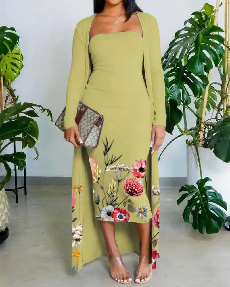 Floral Print Skinny Tube Dress With Longline Cardigan Set