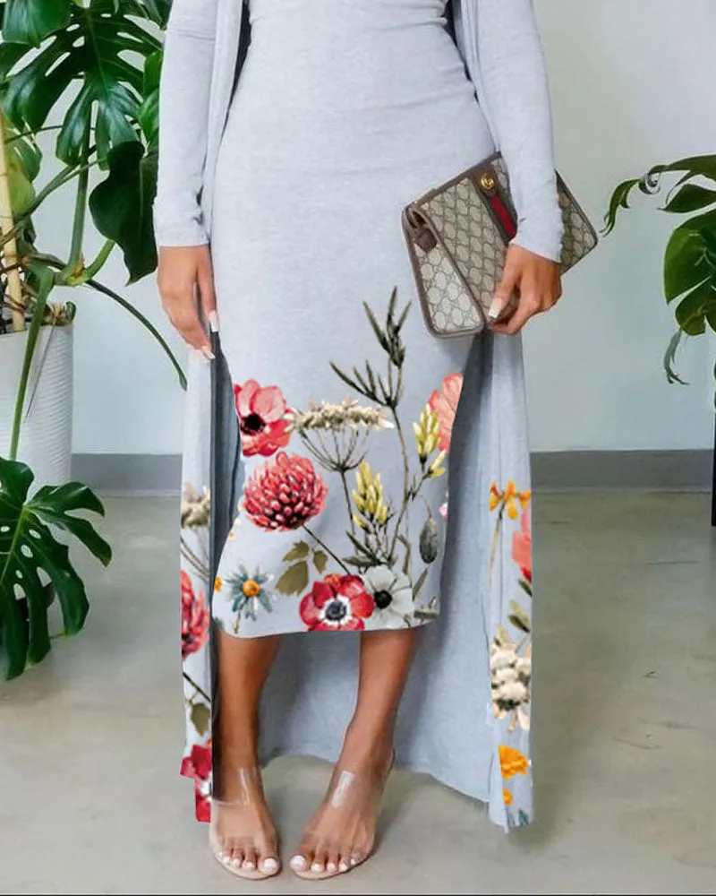 Floral Print Skinny Tube Dress With Longline Cardigan Set
