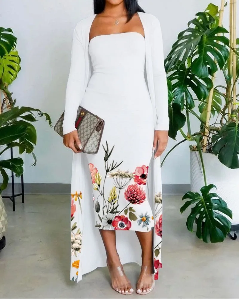 Floral Print Skinny Tube Dress With Longline Cardigan Set
