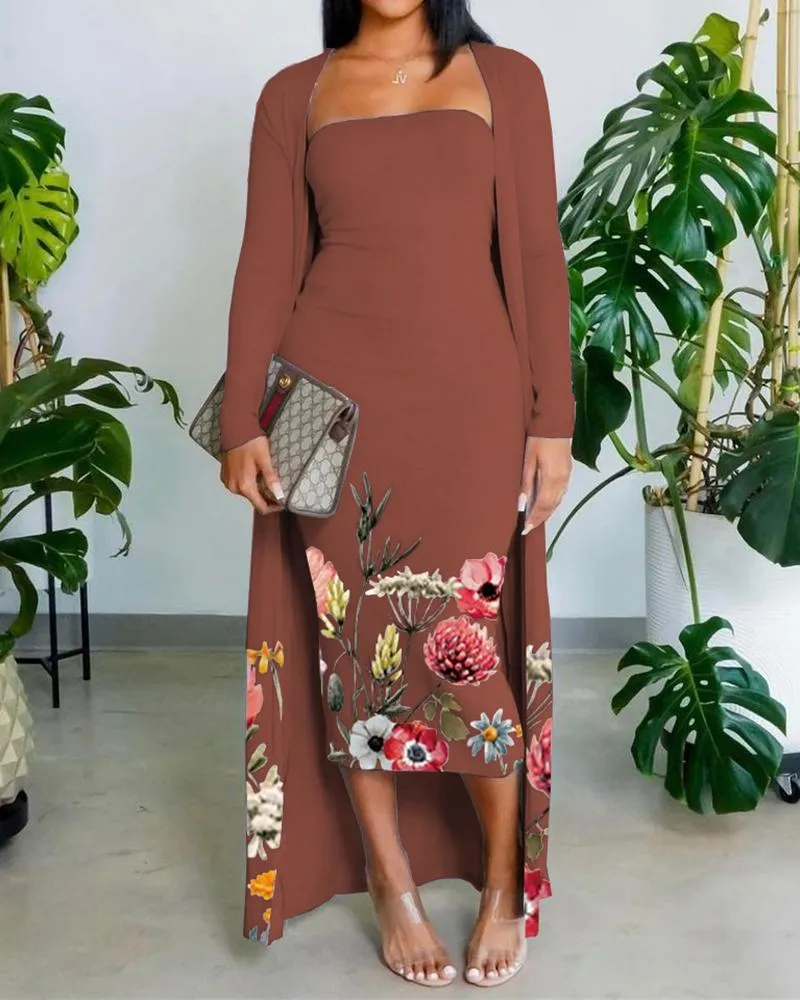 Floral Print Skinny Tube Dress With Longline Cardigan Set