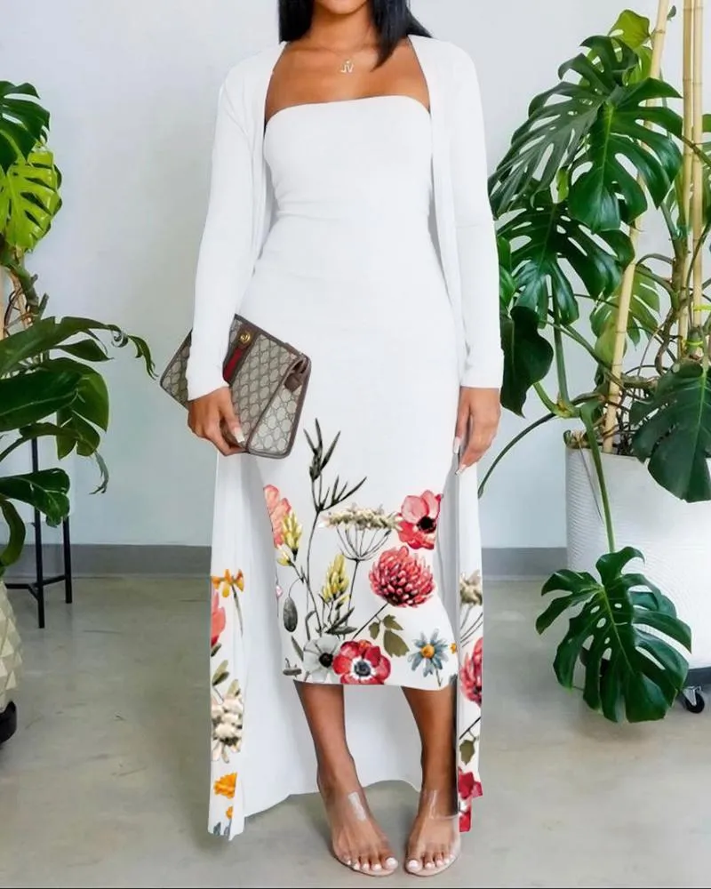 Floral Print Skinny Tube Dress With Longline Cardigan Set