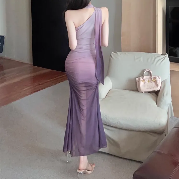 Gradient Color Ribbon One Shoulder Mesh Dress