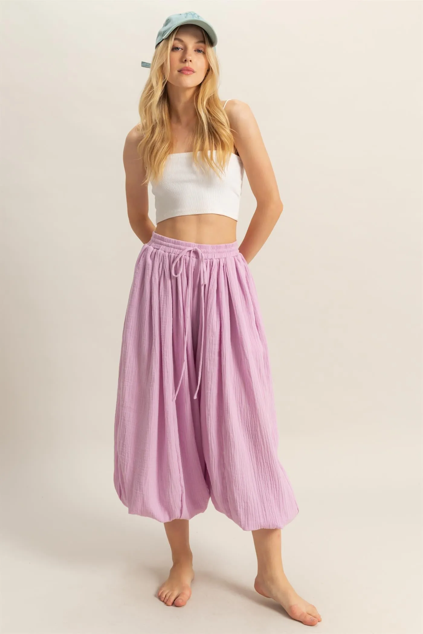 HF25C462-Double Gauze High-Waist Baggy Pants