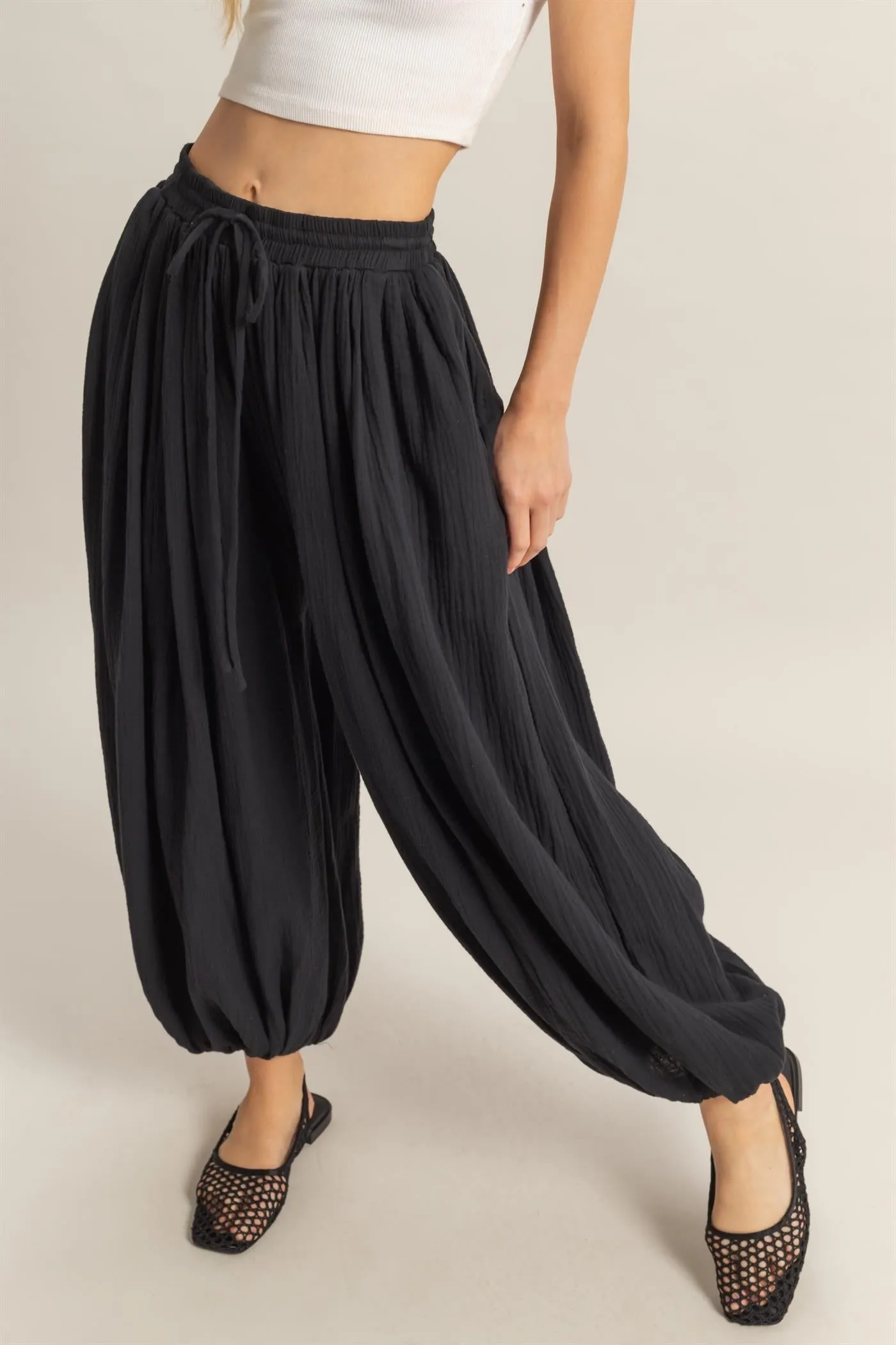HF25C462-Double Gauze High-Waist Baggy Pants