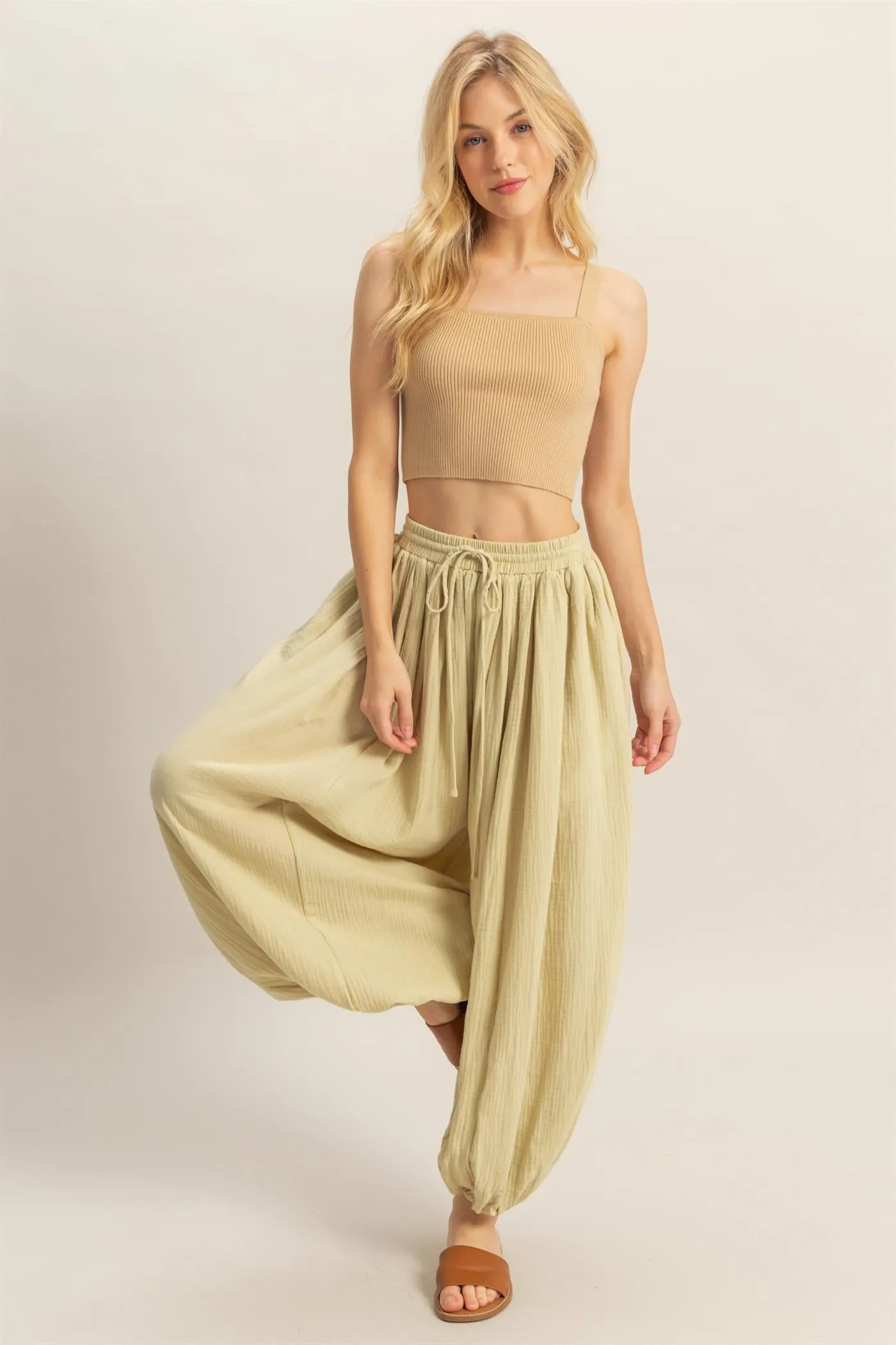 HF25C462-Double Gauze High-Waist Baggy Pants