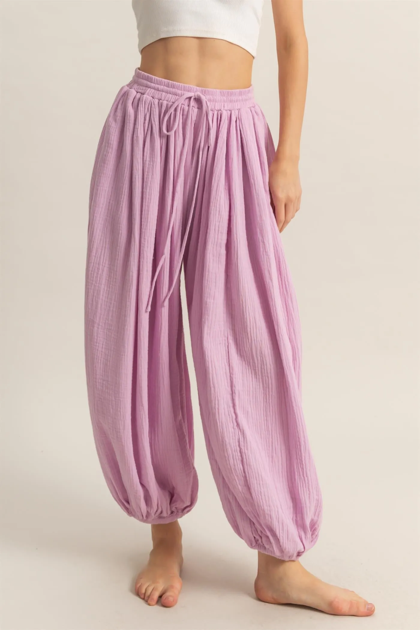 HF25C462-Double Gauze High-Waist Baggy Pants