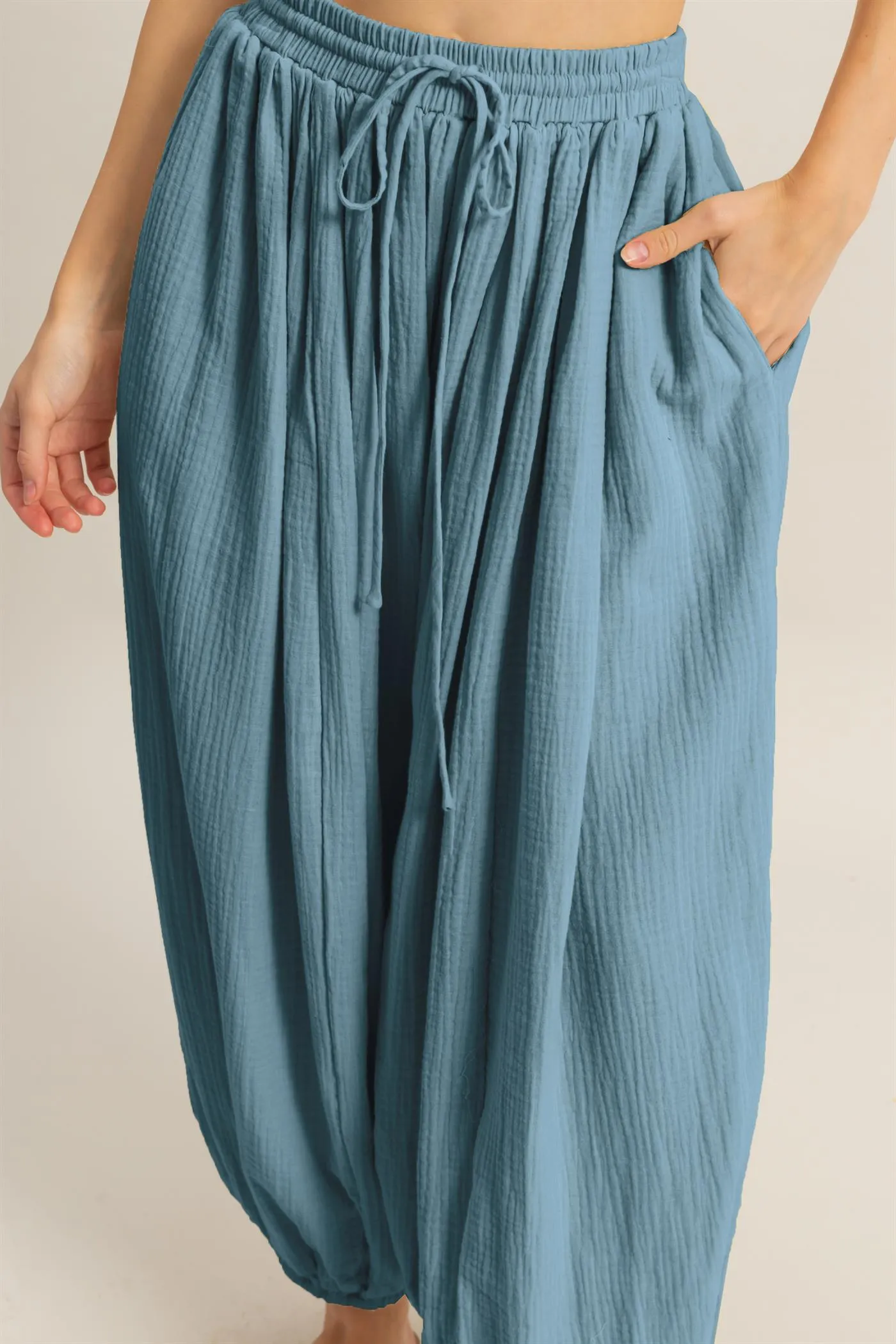 HF25C462-Double Gauze High-Waist Baggy Pants