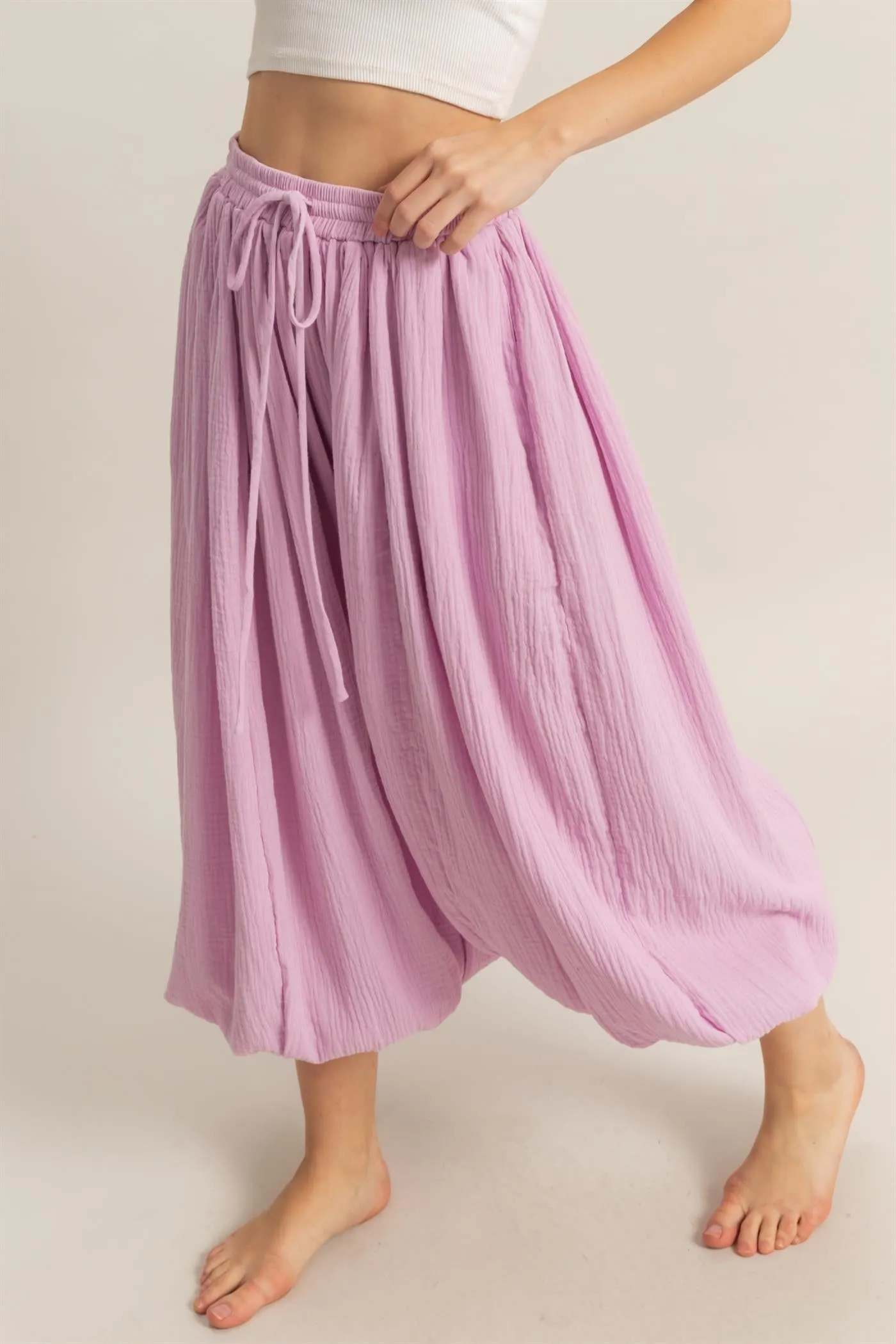 HF25C462-Double Gauze High-Waist Baggy Pants