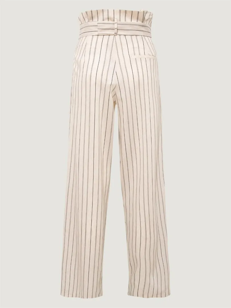 High Waist Tire-Cut Pants with Waist Belt - Striped