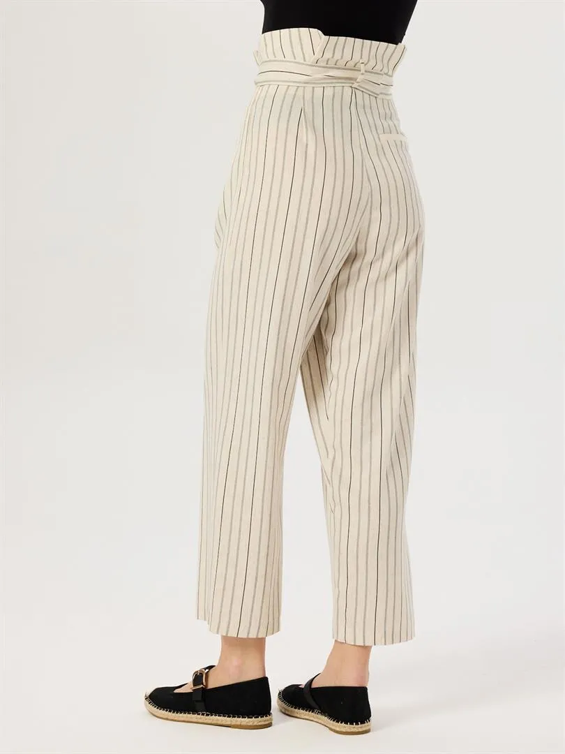 High Waist Tire-Cut Pants with Waist Belt - Striped