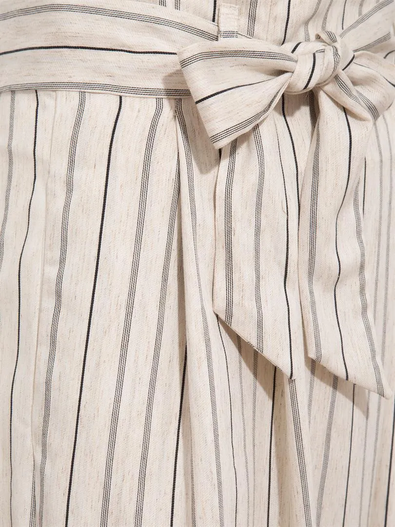 High Waist Tire-Cut Pants with Waist Belt - Striped